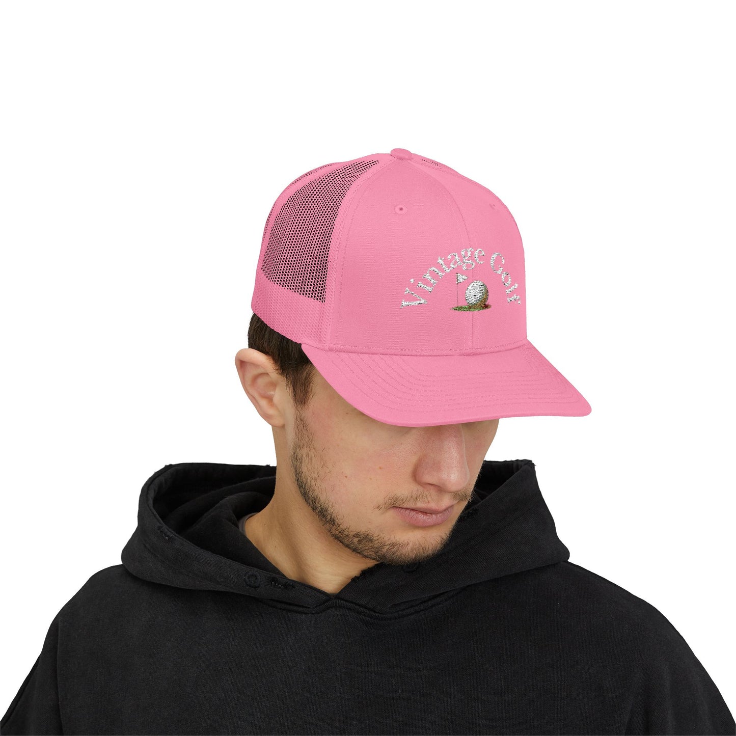 Vintage Golf Trucker Cap – Embroidered Golf Ball Flag Hat – Heritage Style Golf Hat