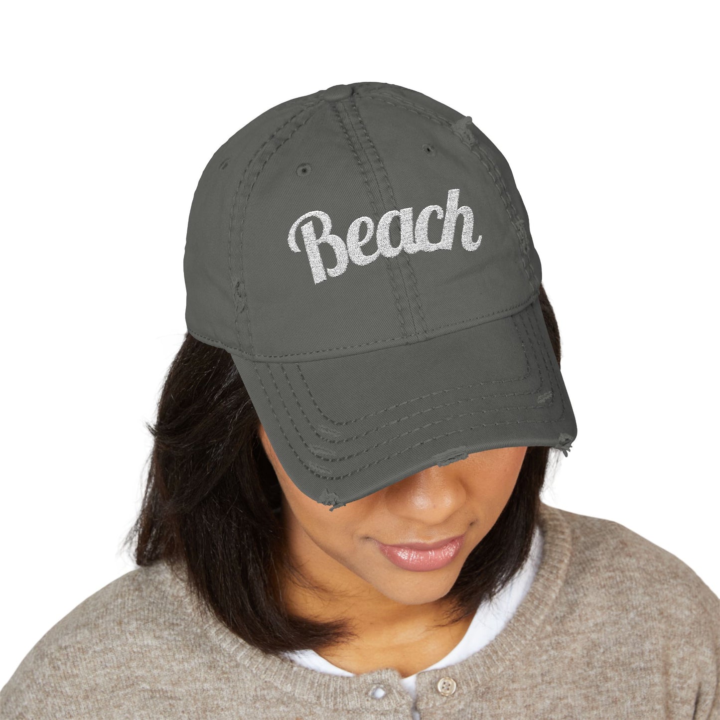 Beach Embroidered Distressed Dad Hat — Vintage Washed Baseball Cap