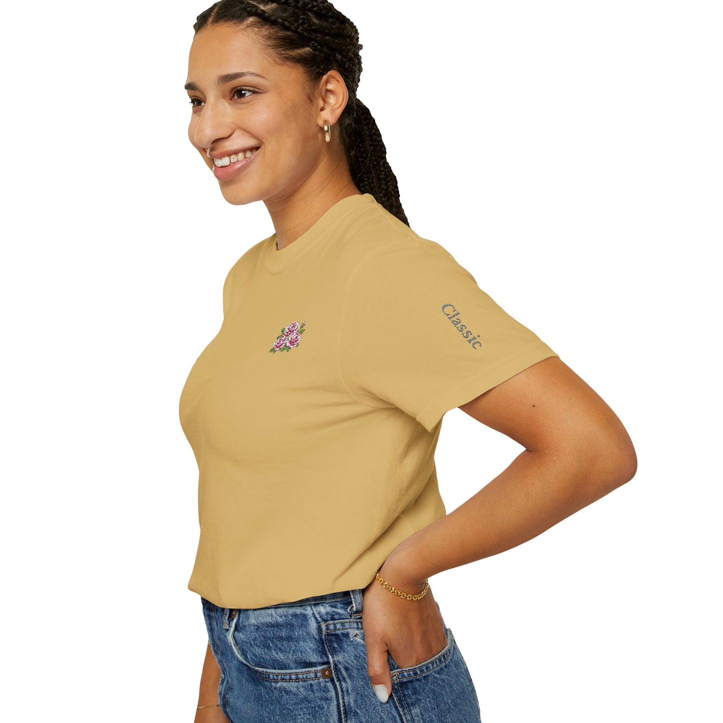 Simple Rose Bouquet Embroidered T-Shirt with Sleeve Detail