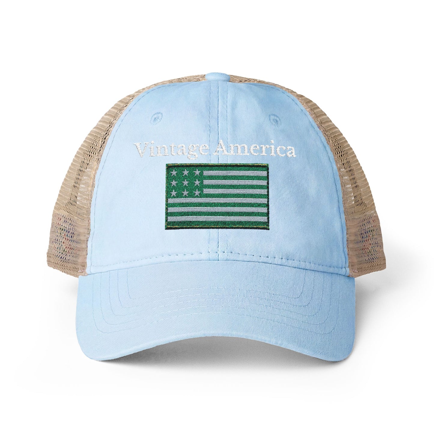 Vintage America Women’s Washed Mesh-Back Cap – Embroidered Olive Heritage Flag Hat