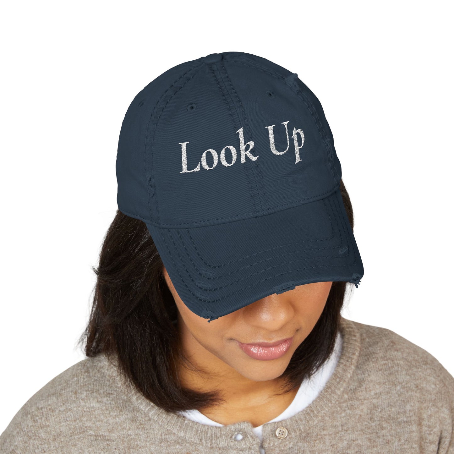 Embroidered Distressed Dad Hat - “Look Up” Front & Psalm 121 Back