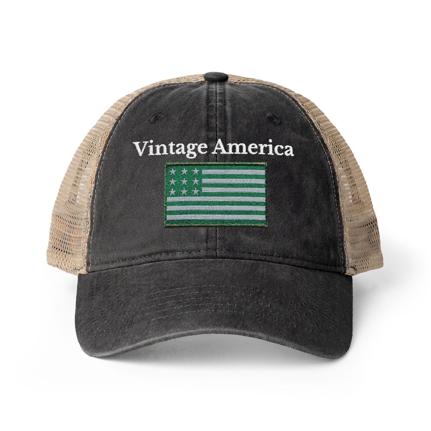 Vintage America Women’s Washed Mesh-Back Cap – Embroidered Olive Heritage Flag Hat