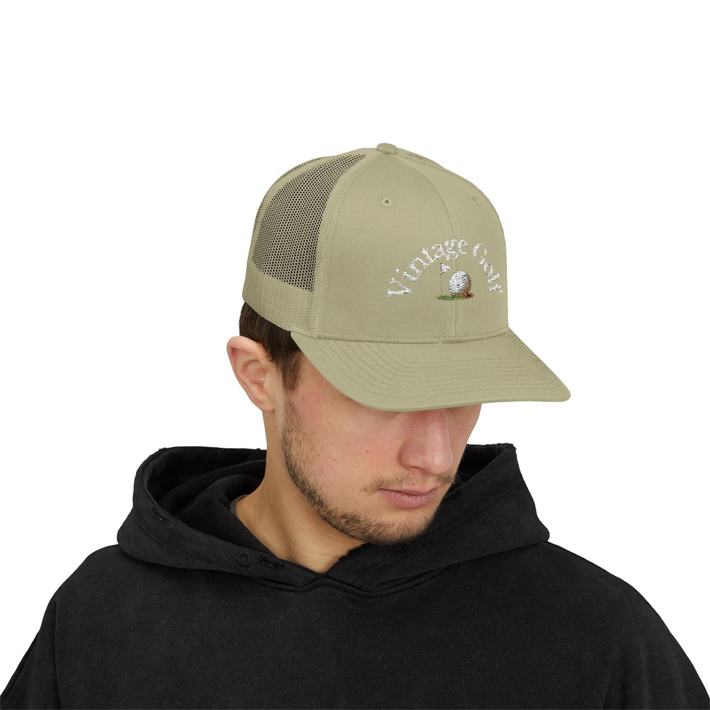 Vintage Golf Trucker Cap – Embroidered Golf Ball Flag Hat – Heritage Style Golf Hat