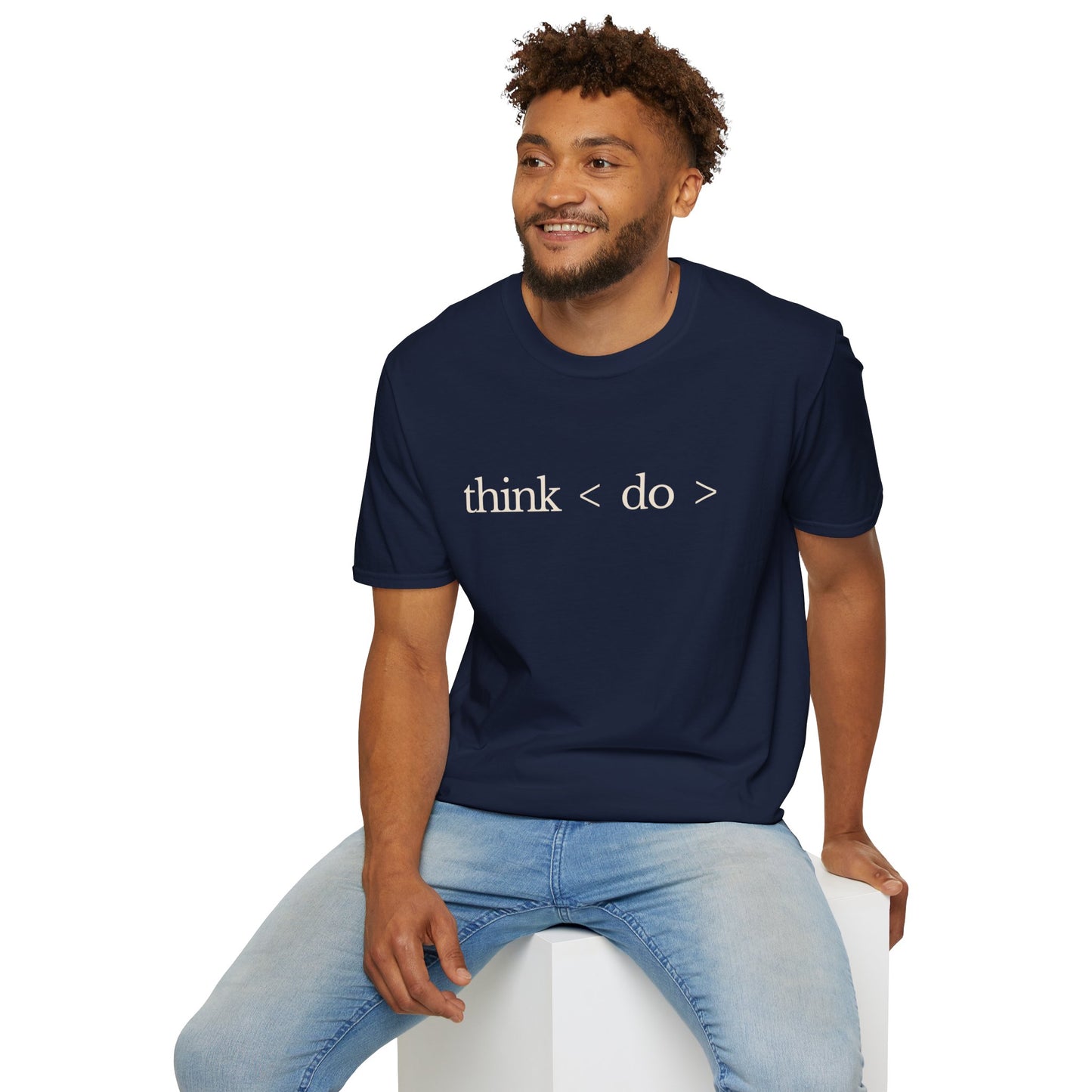 think < do > Unisex Softstyle T-Shirt | Minimalist Inspirational Tee with Momentum Back Detail