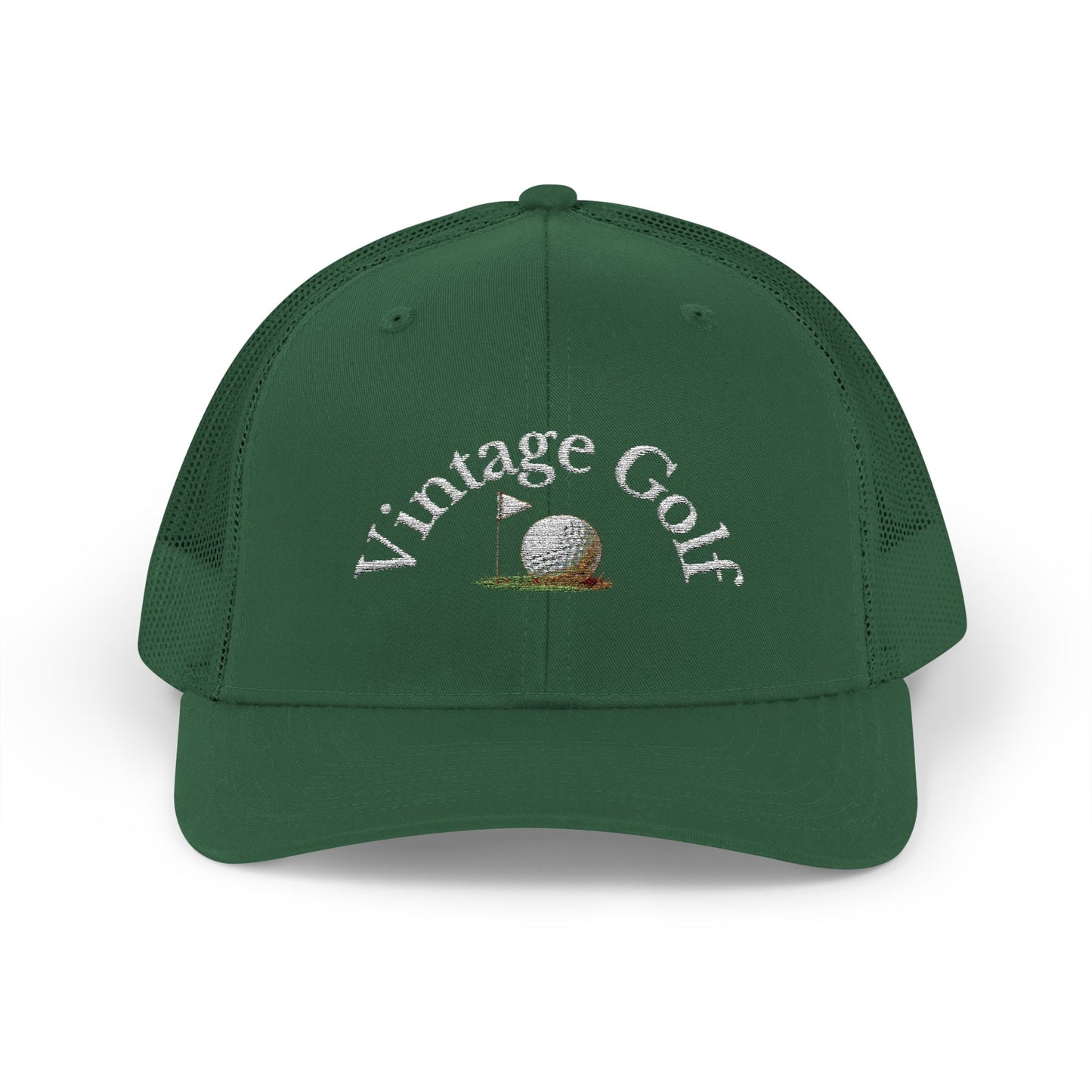 Vintage Golf Trucker Cap – Embroidered Golf Ball Flag Hat – Heritage Style Golf Hat