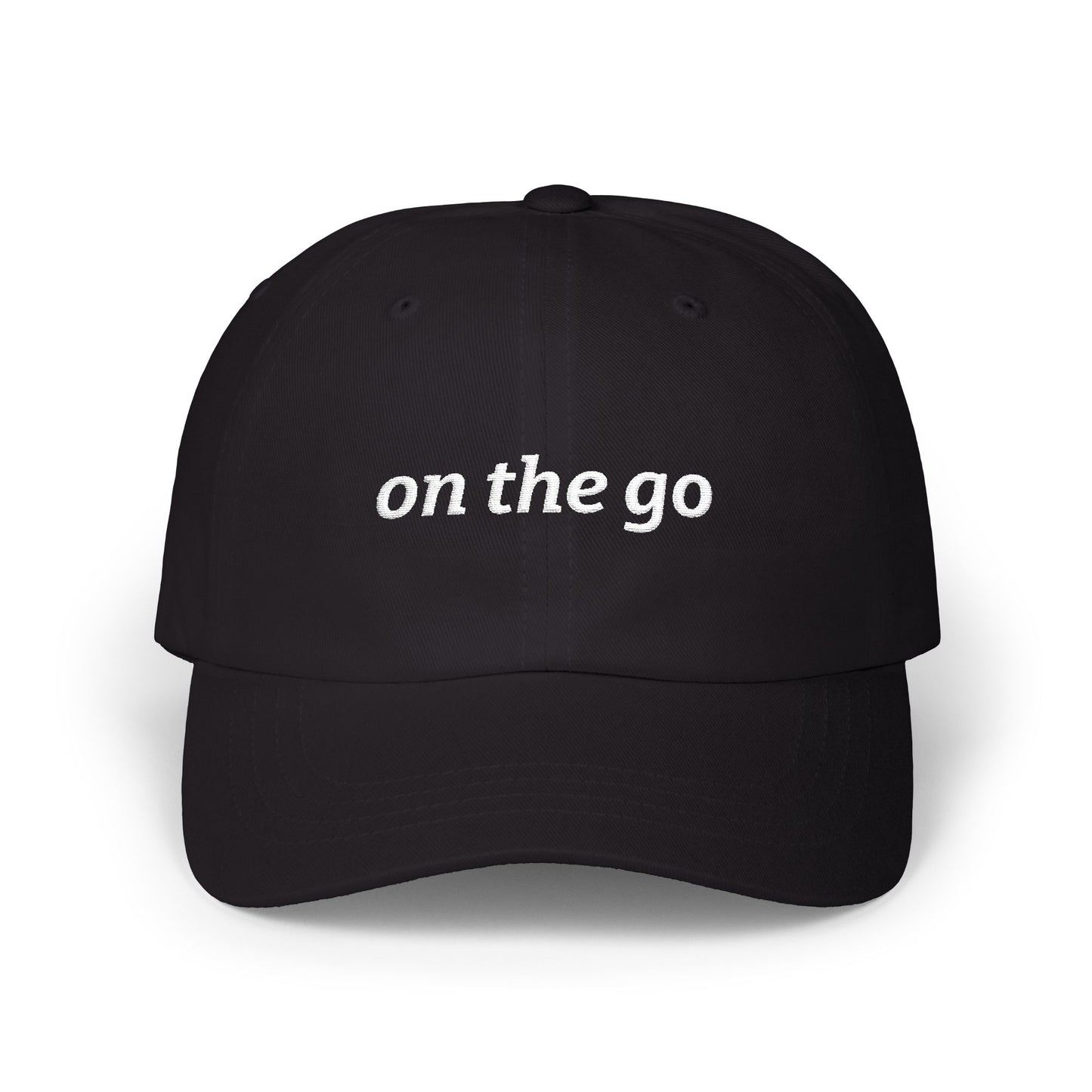 on the go embroidered classic dad cap - small arrows on back, white thread