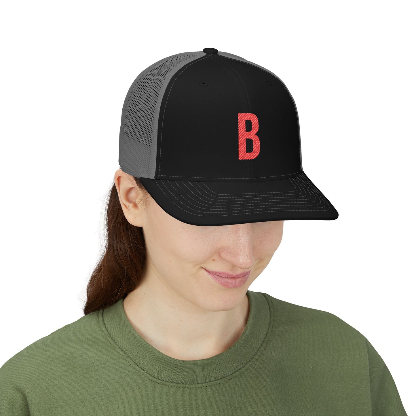 Boston (B) red embroidered Monogram Snapback Trucker Cap - Heritage Places Collection