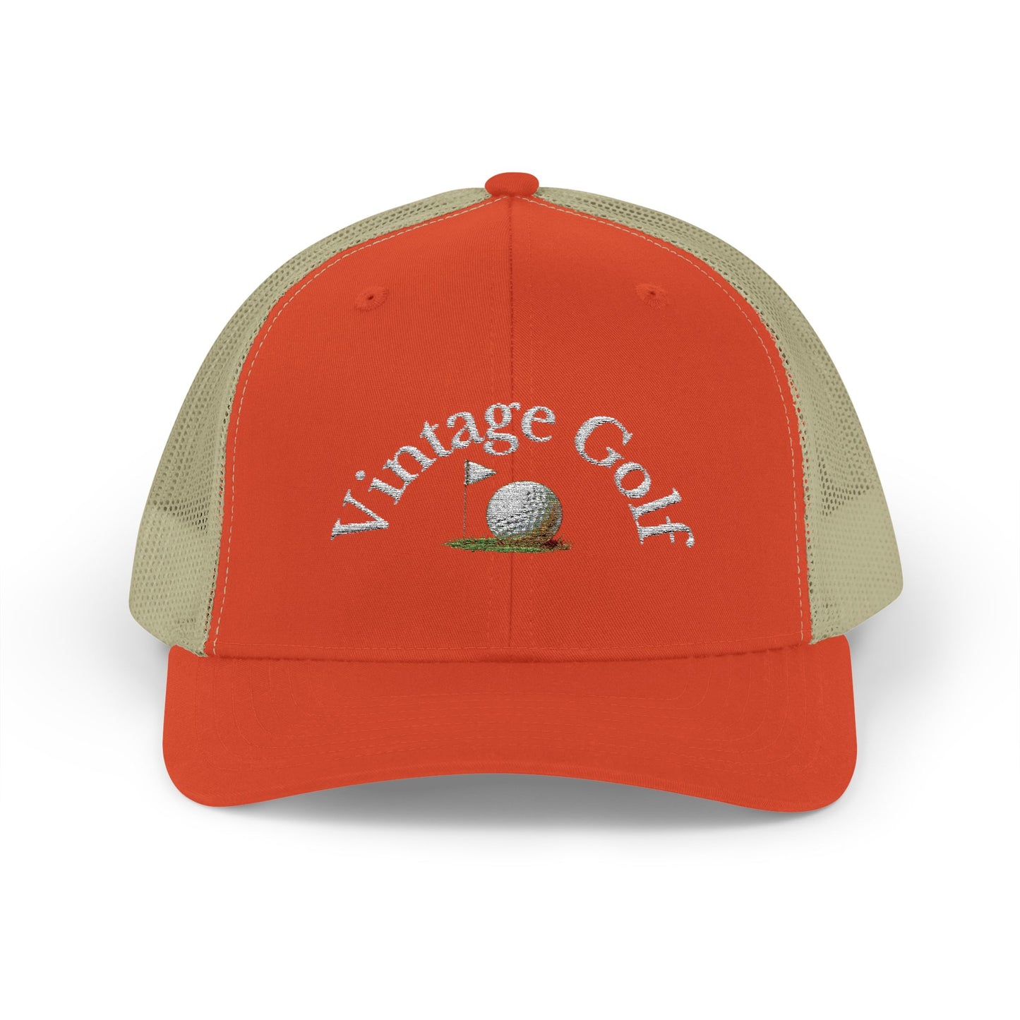 Vintage Golf Trucker Cap – Embroidered Golf Ball Flag Hat – Heritage Style Golf Hat