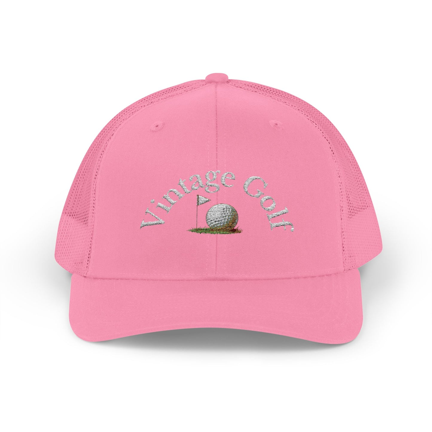 Vintage Golf Trucker Cap – Embroidered Golf Ball Flag Hat – Heritage Style Golf Hat