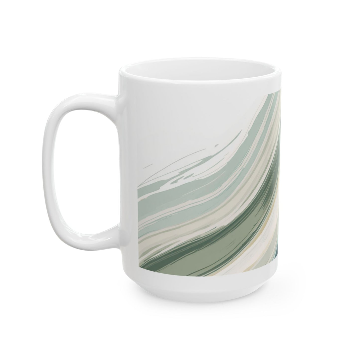 Abstract Green Brushstroke Ceramic Mug — Modern Marble Swirl Coffee Cup (15oz)