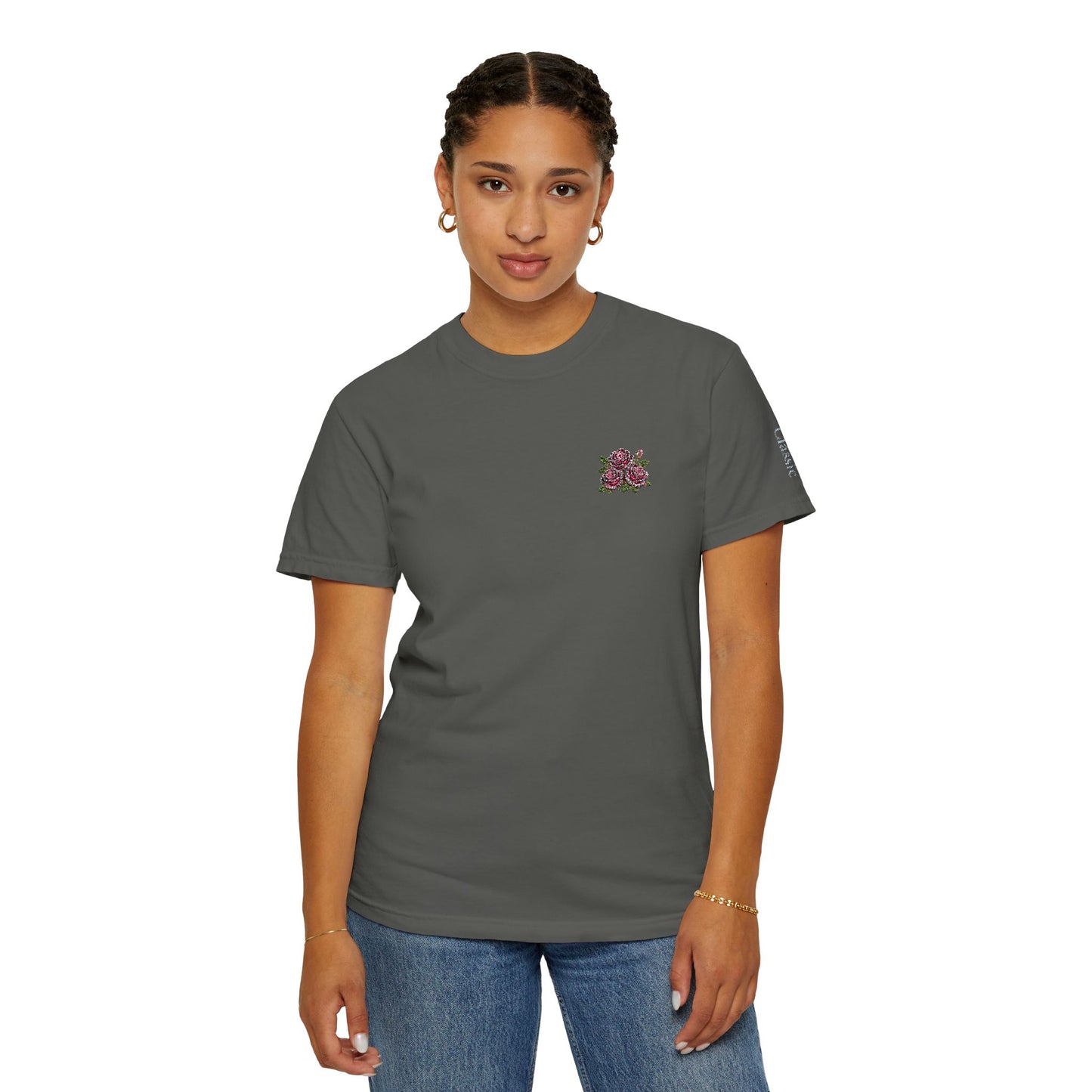 Simple Rose Bouquet Embroidered T-Shirt with Sleeve Detail