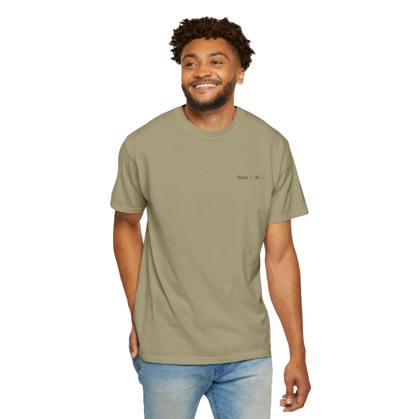 think < do > Embroidered Unisex T-Shirt | Espresso Thread with Momentum Sleeve Detail | Minimalist Everyday Tee