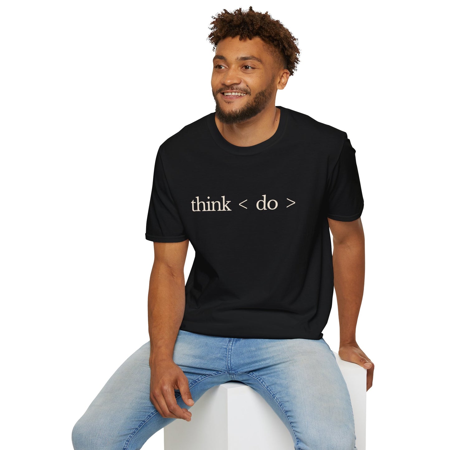 think < do > Unisex Softstyle T-Shirt | Minimalist Inspirational Tee with Momentum Back Detail