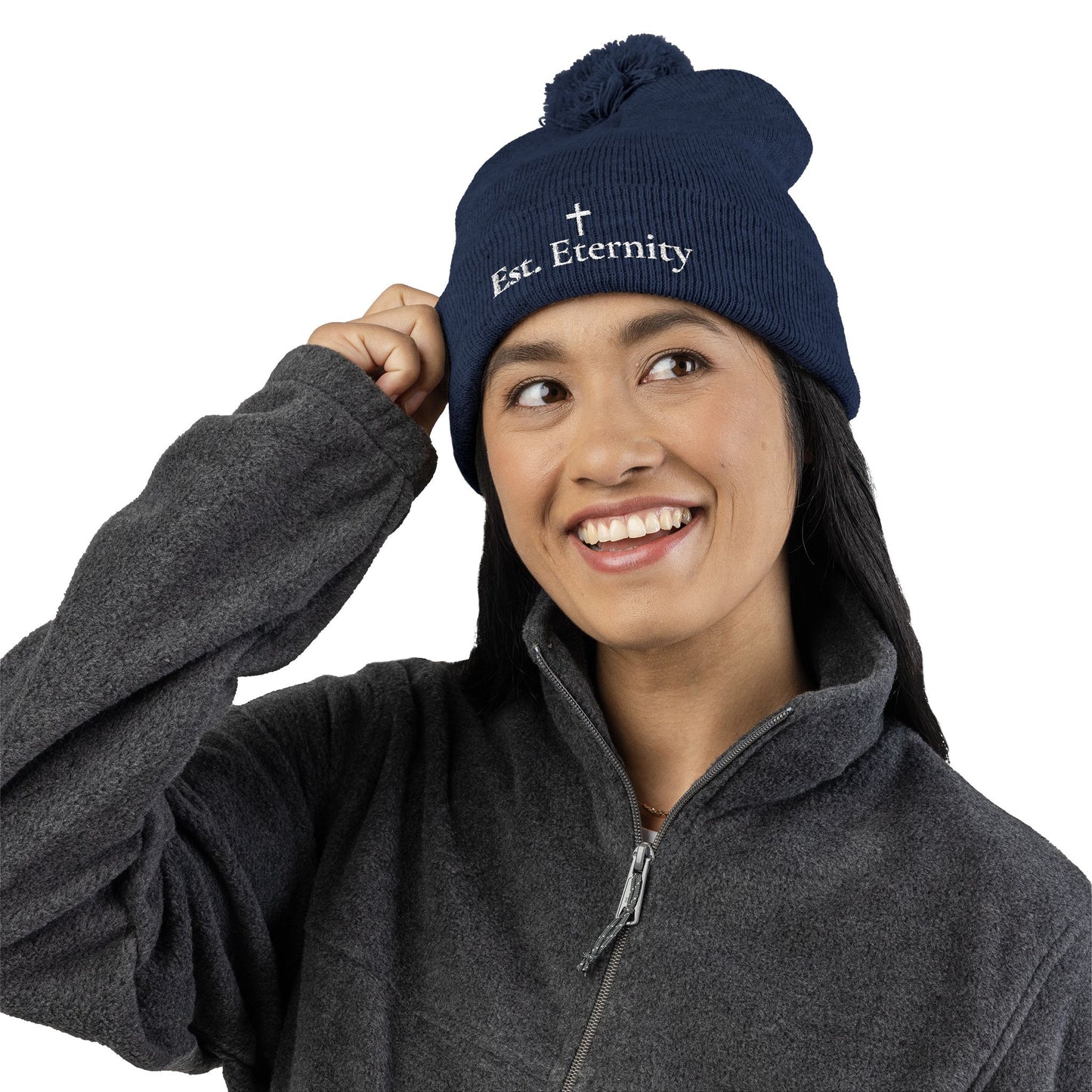 Embroidered 'Eve, Eternity' Pom-Pom Knit Cap — Cozy Christian Beanie
