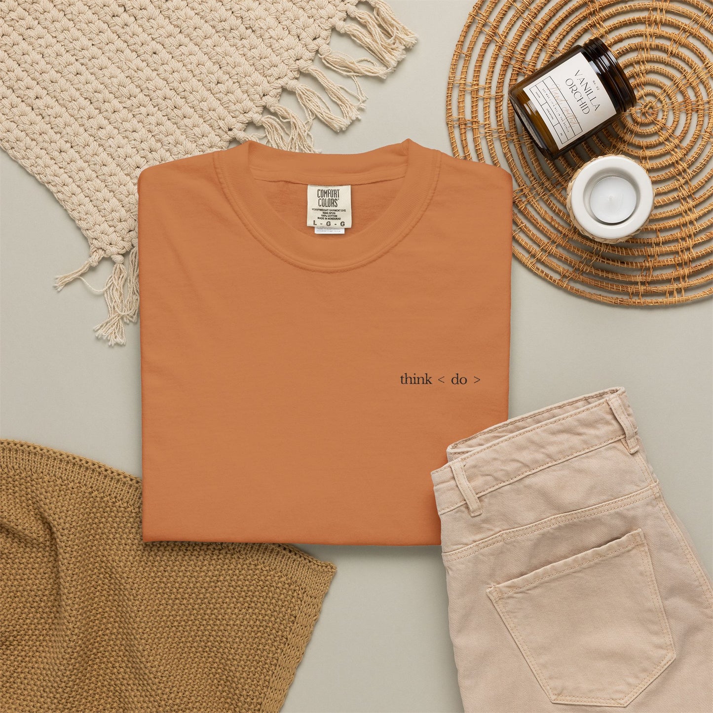 think < do > Embroidered Unisex T-Shirt | Espresso Thread with Momentum Sleeve Detail | Minimalist Everyday Tee