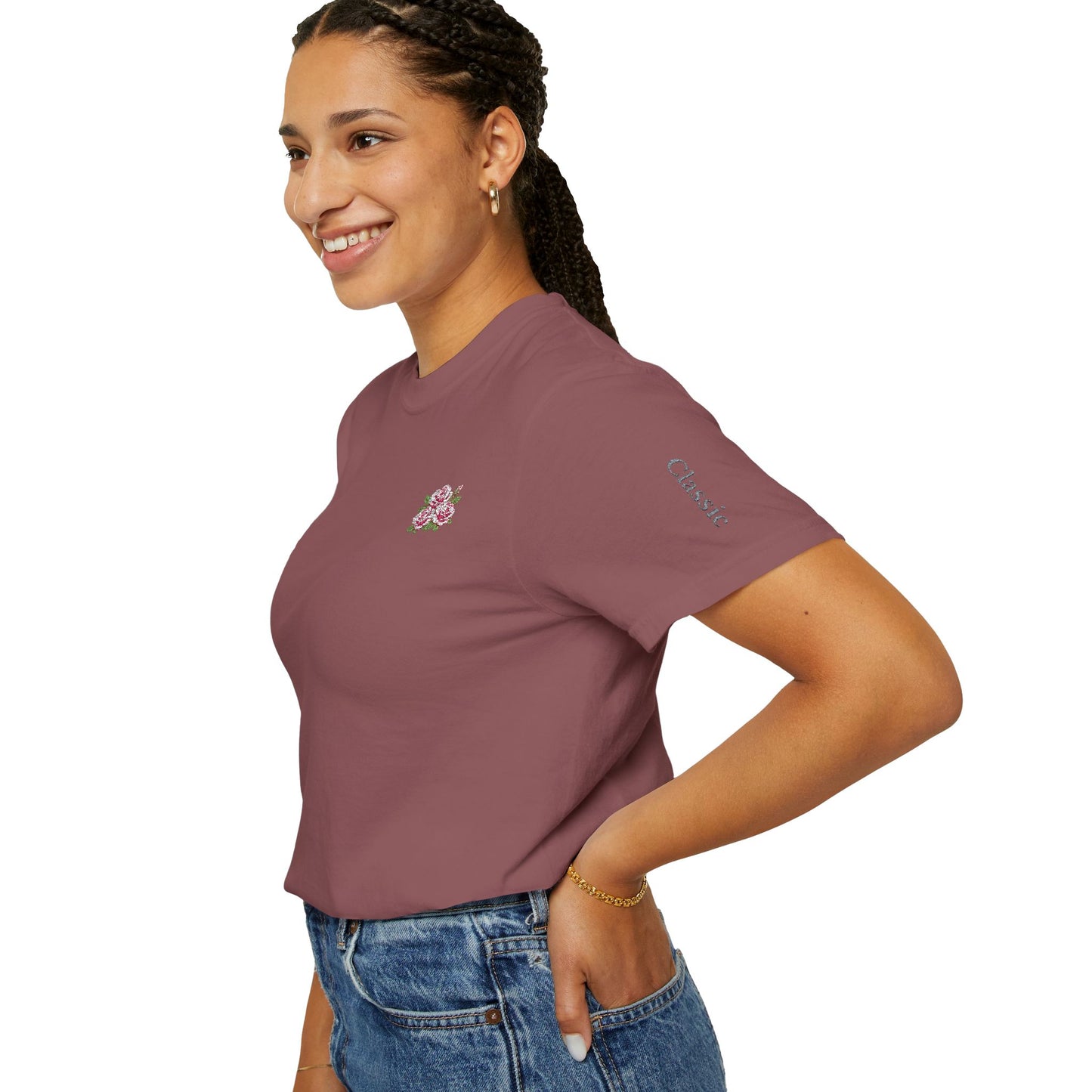 Simple Rose Bouquet Embroidered T-Shirt with Sleeve Detail
