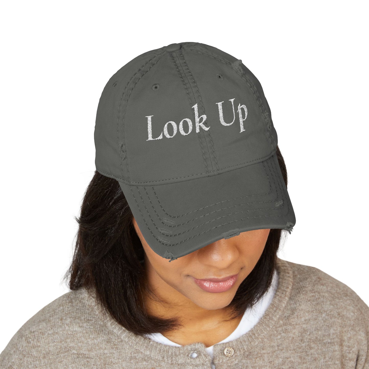 Embroidered Distressed Dad Hat - “Look Up” Front & Psalm 121 Back