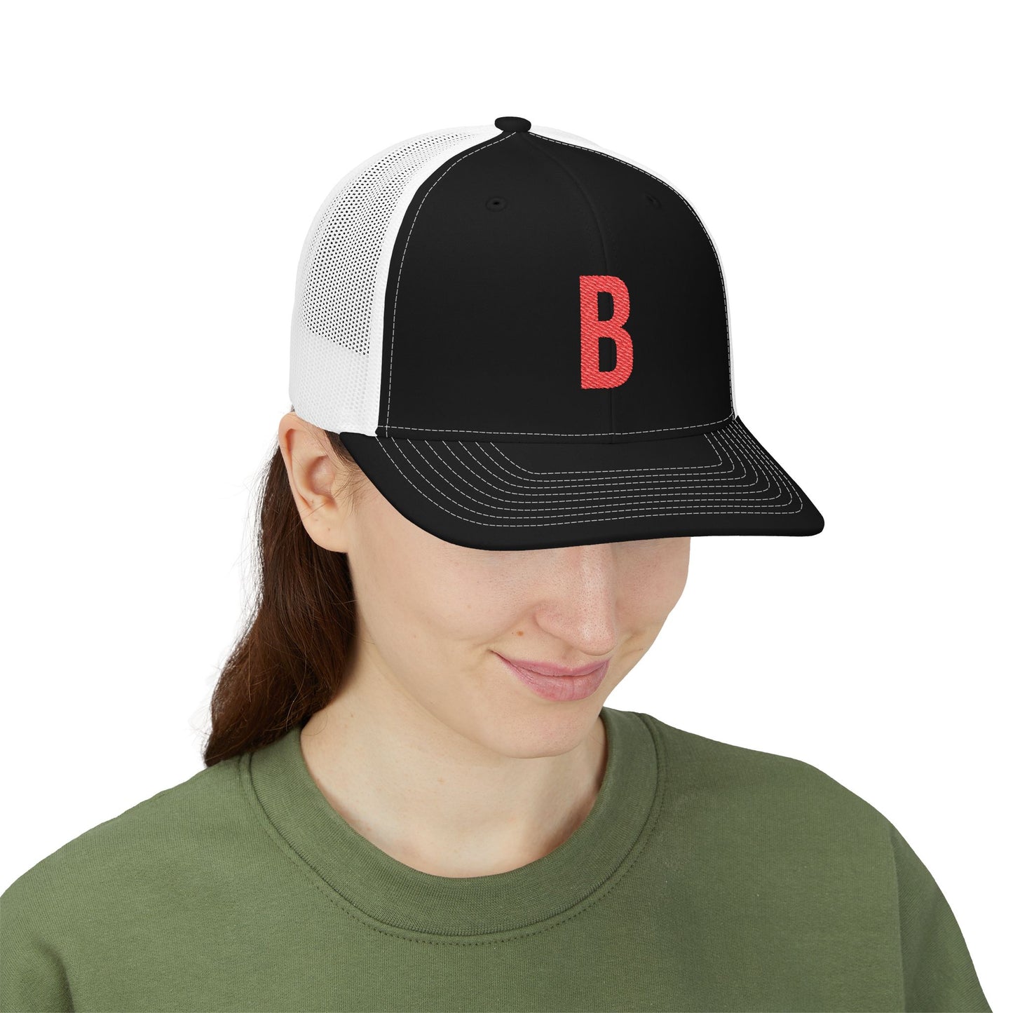 Boston (B) red embroidered Monogram Snapback Trucker Cap - Heritage Places Collection
