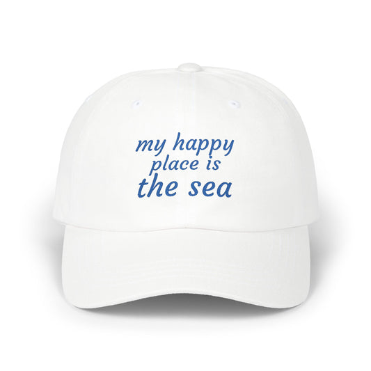 My Happy Place Is the Sea Embroidered White Dad Cap