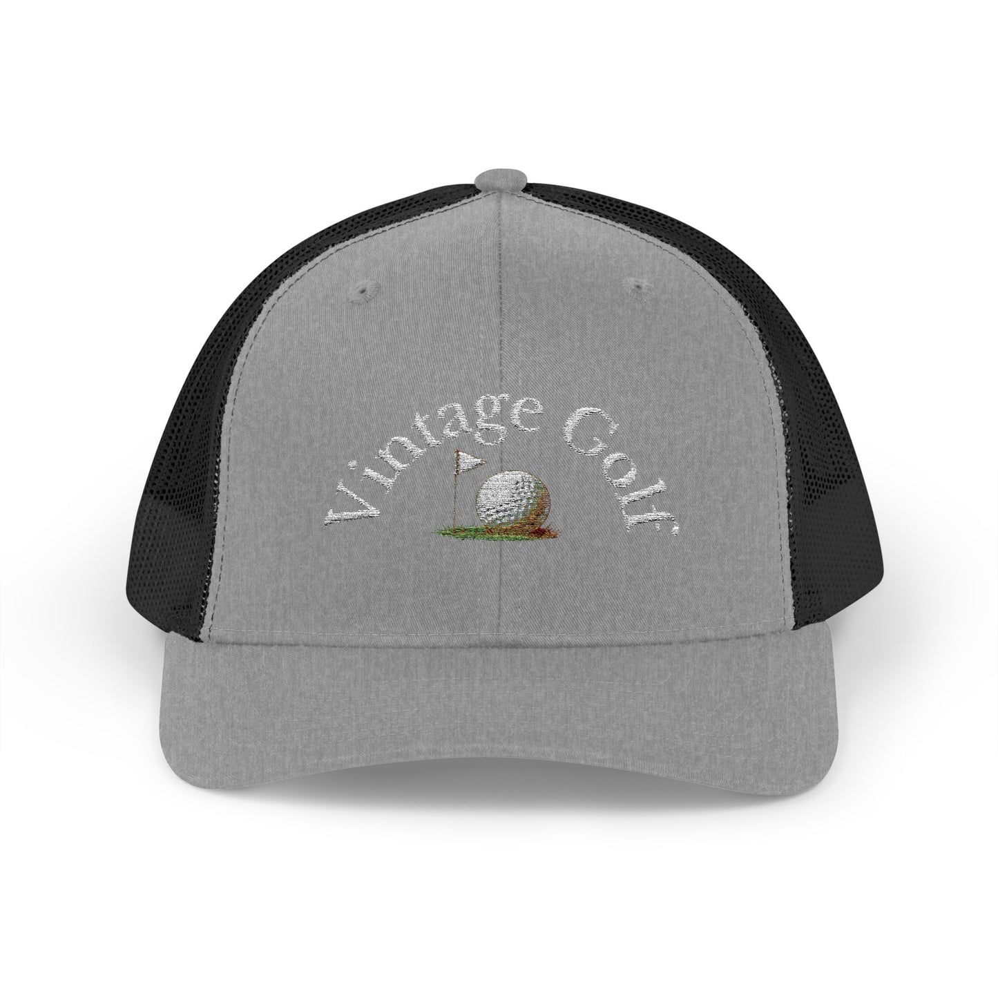 Vintage Golf Trucker Cap – Embroidered Golf Ball Flag Hat – Heritage Style Golf Hat