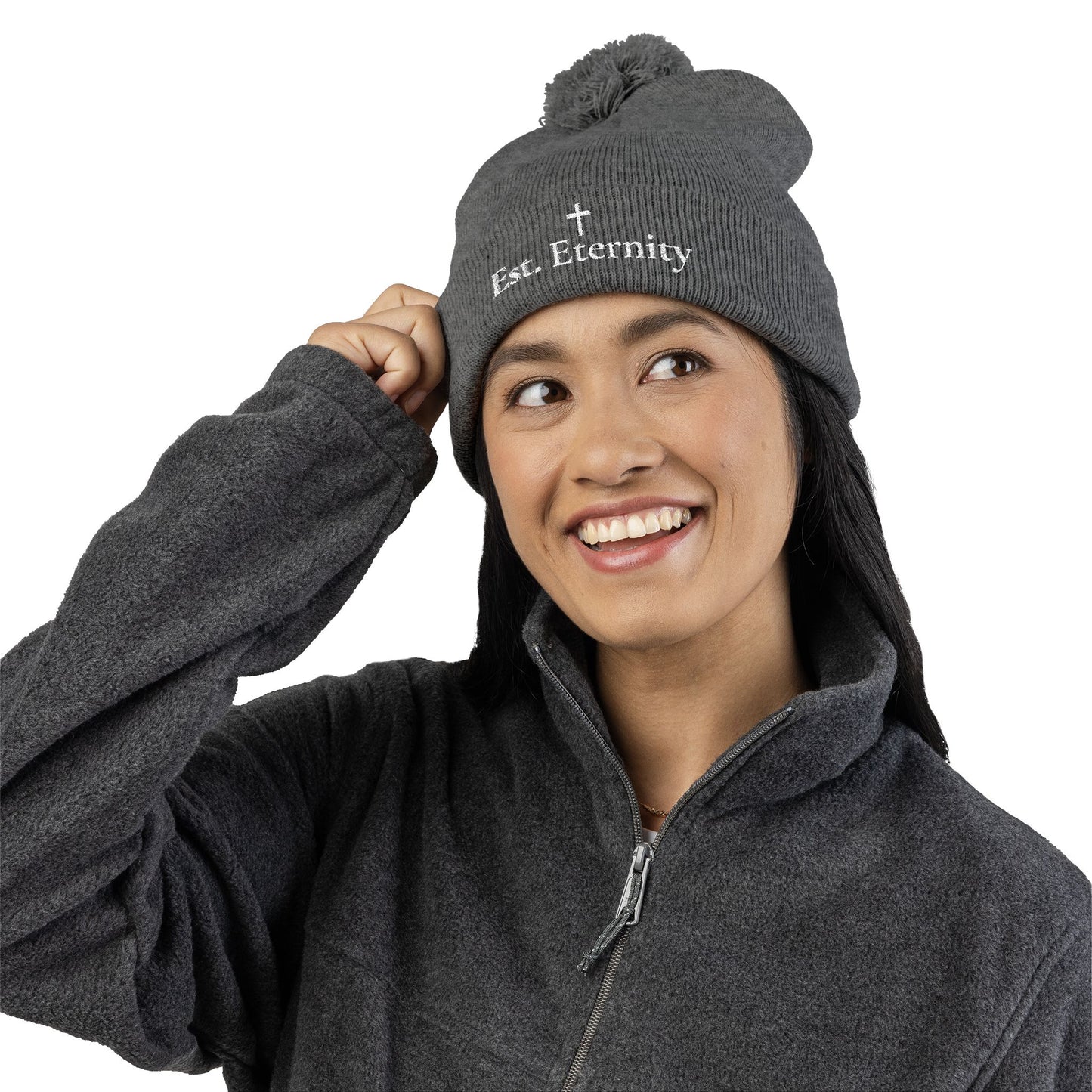 Embroidered 'Eve, Eternity' Pom-Pom Knit Cap — Cozy Christian Beanie