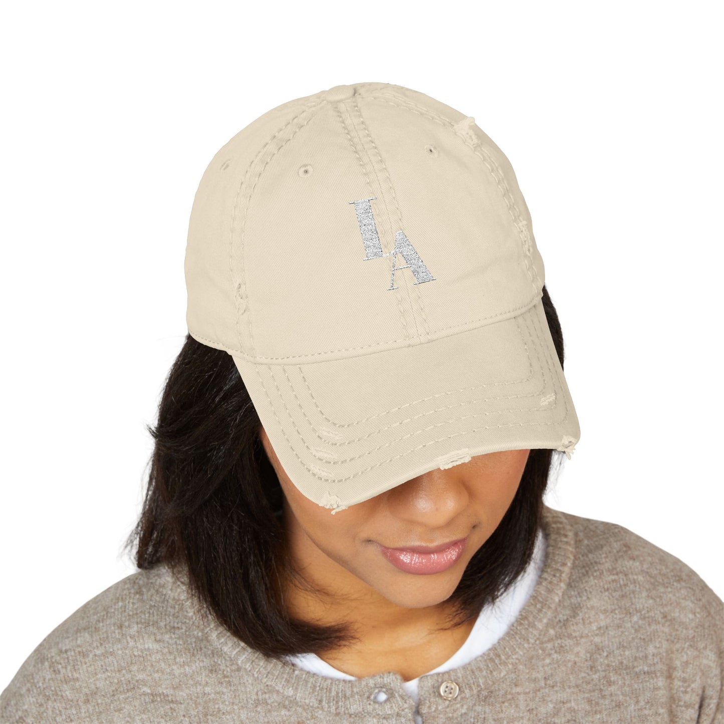 LA Monogram Distressed Dad Hat (Embroidery) Minimalist Faith Hat with Cross/Vintage Style Cap