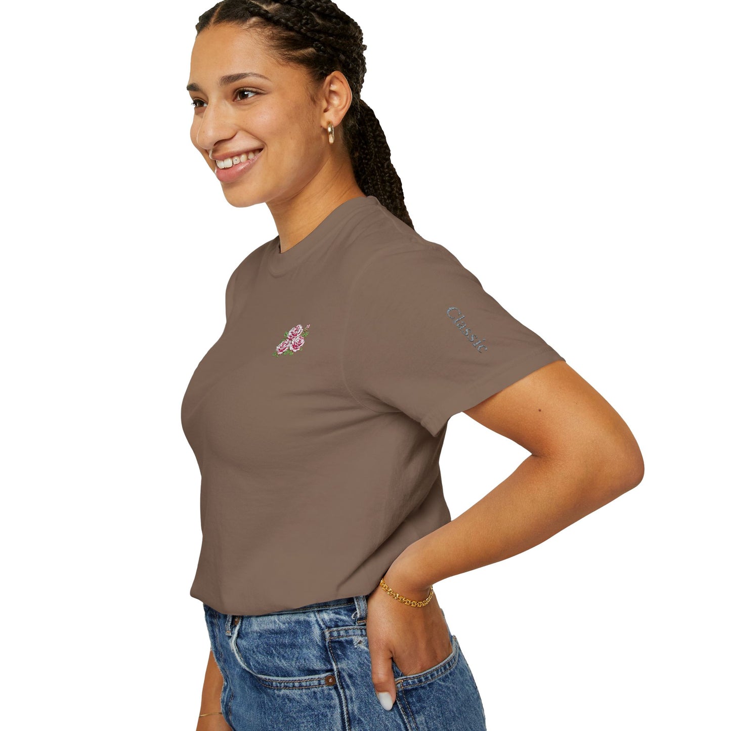 Simple Rose Bouquet Embroidered T-Shirt with Sleeve Detail