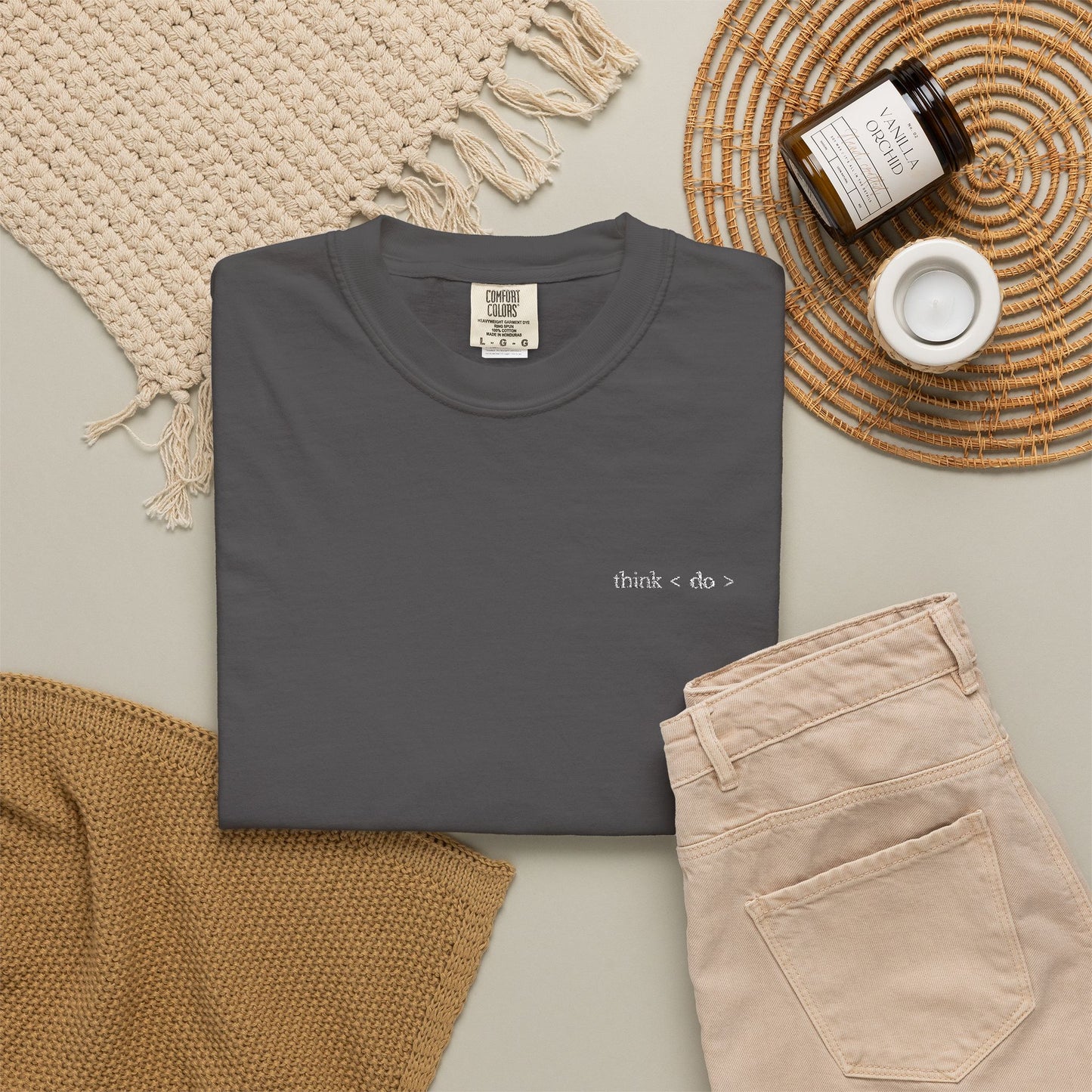 Think < Do > Embroidered Unisex T-Shirt | Minimalist Everyday Tee | Ivory Thread
