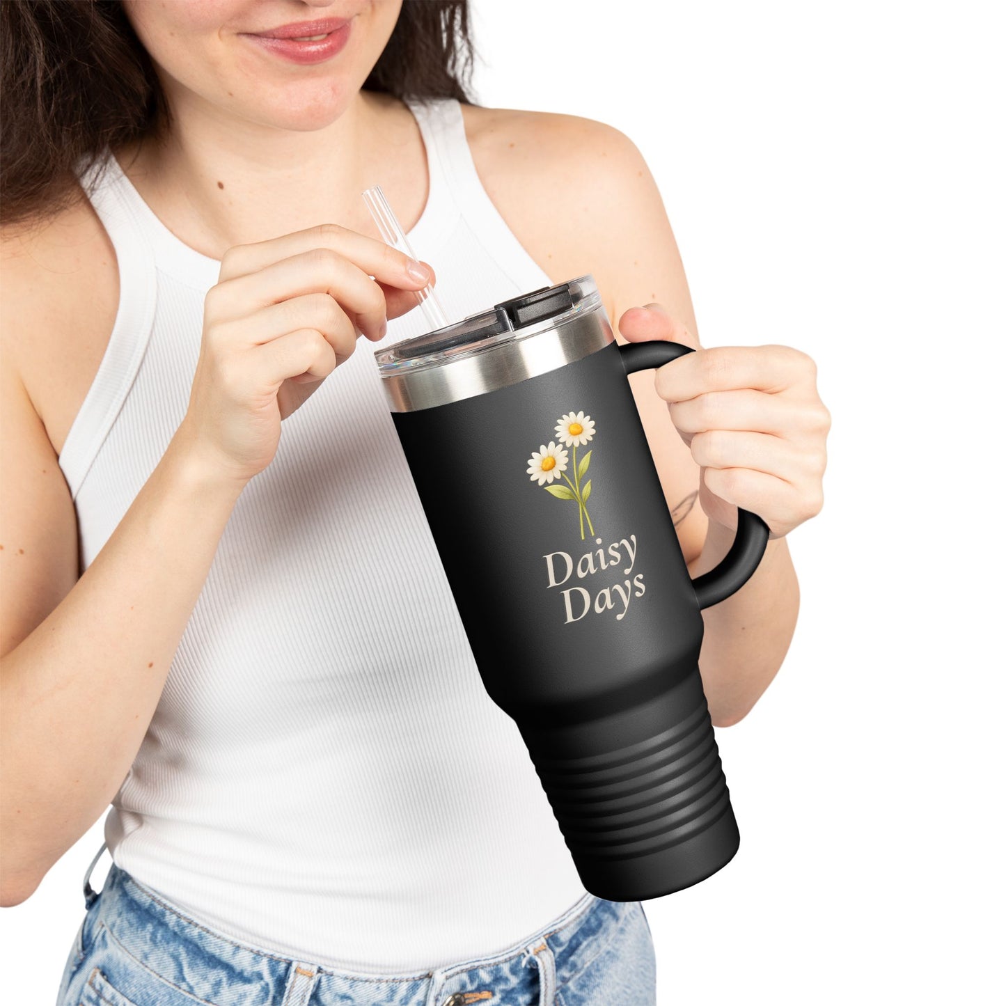 Daisy Days 40 oz Insulated Travel Mug | Floral Tumbler with Handle