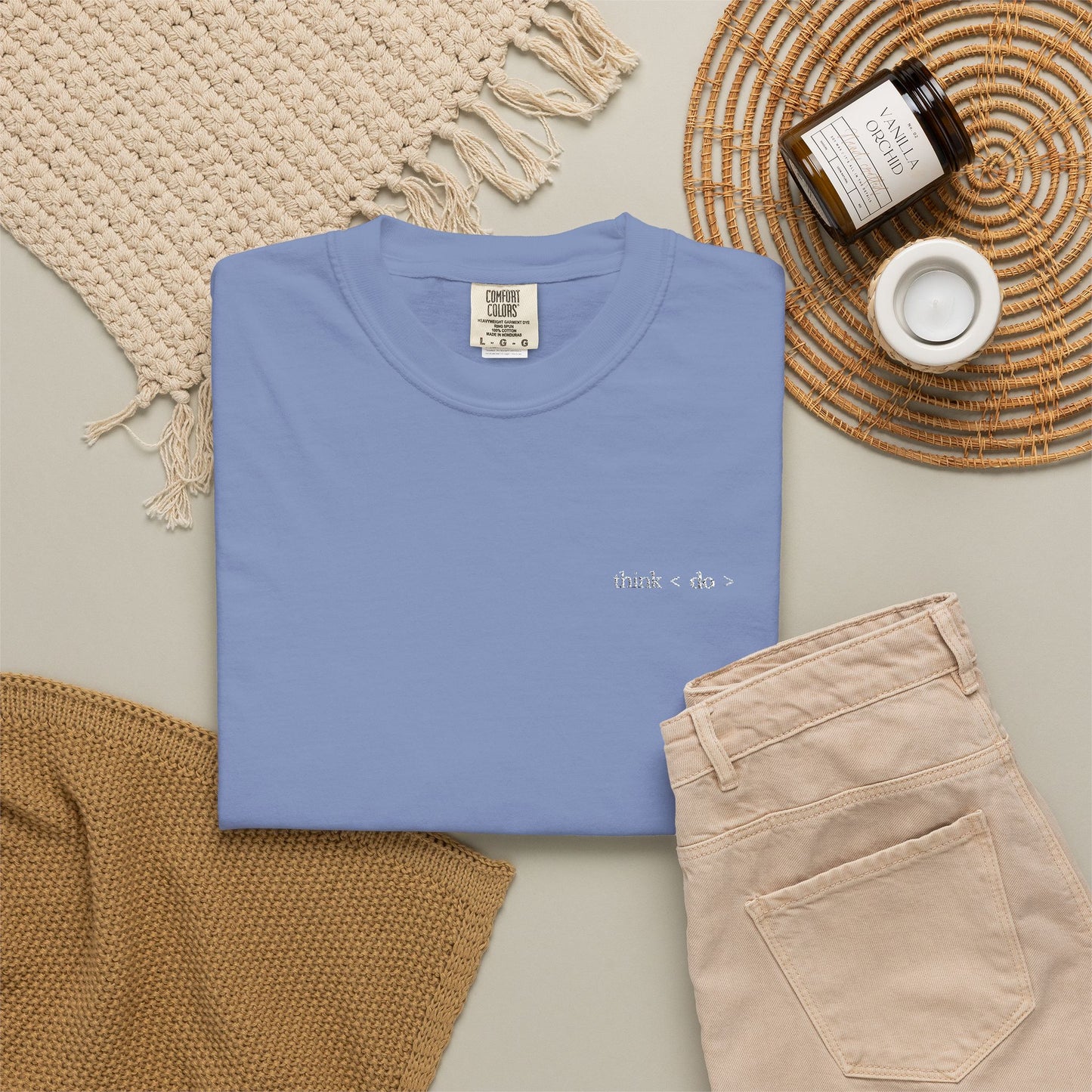 Think < Do > Embroidered Unisex T-Shirt | Minimalist Everyday Tee | Ivory Thread