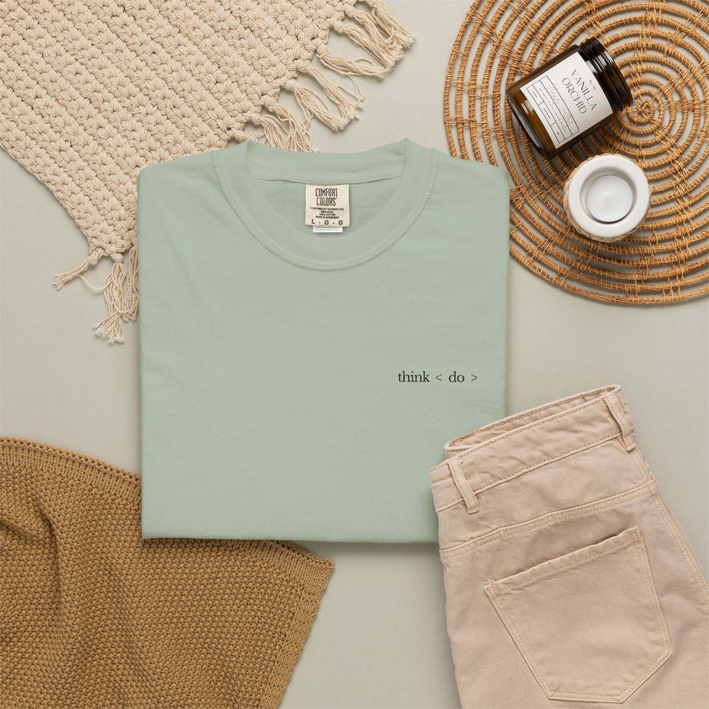 think < do > Embroidered Unisex T-Shirt | Espresso Thread with Momentum Sleeve Detail | Minimalist Everyday Tee