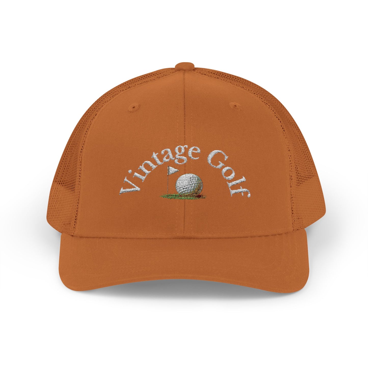 Vintage Golf Trucker Cap – Embroidered Golf Ball Flag Hat – Heritage Style Golf Hat