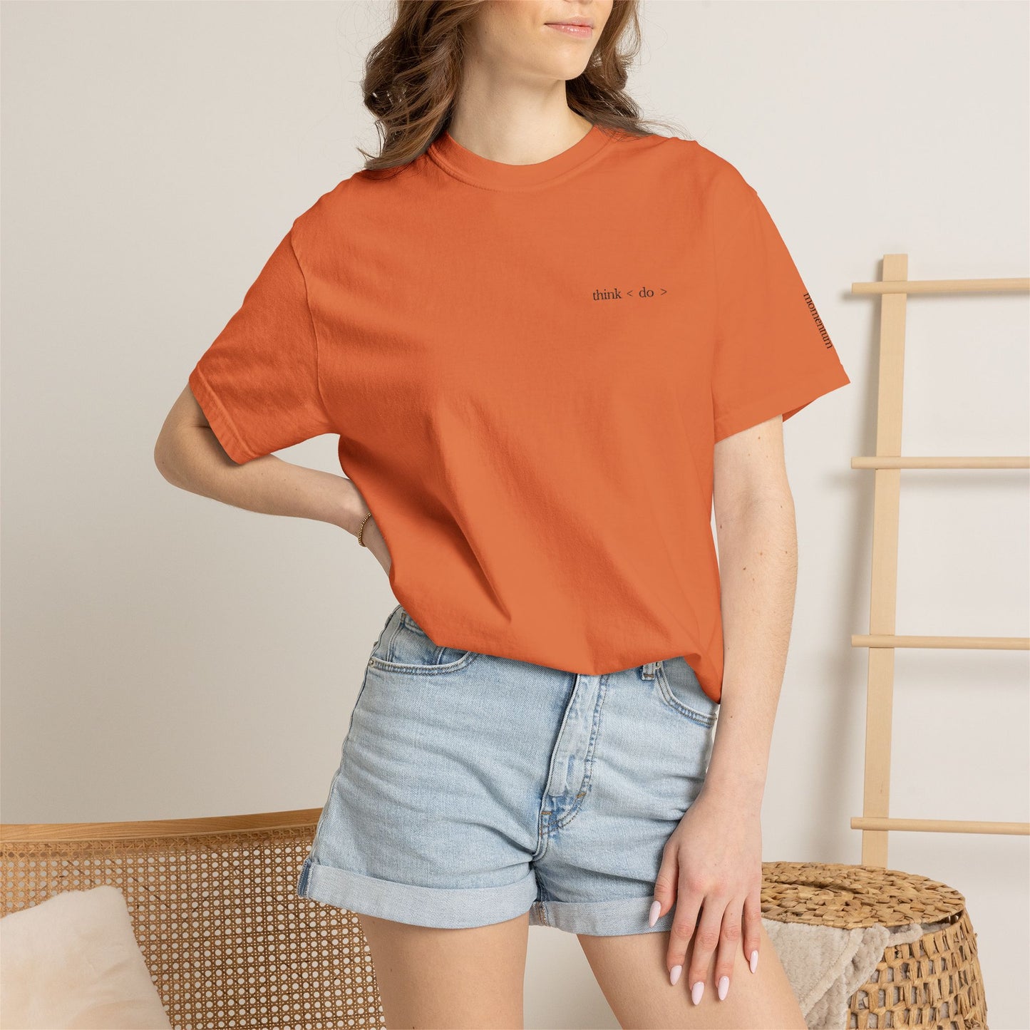 think < do > Embroidered Unisex T-Shirt | Espresso Thread with Momentum Sleeve Detail | Minimalist Everyday Tee