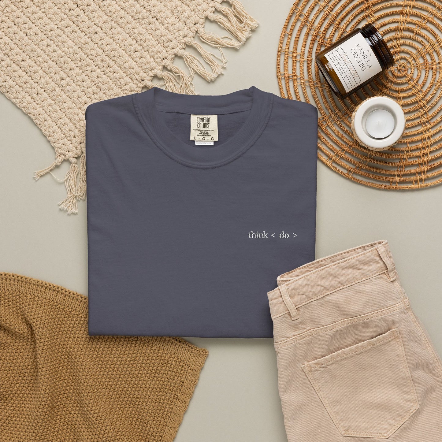Think < Do > Embroidered Unisex T-Shirt | Minimalist Everyday Tee | Ivory Thread