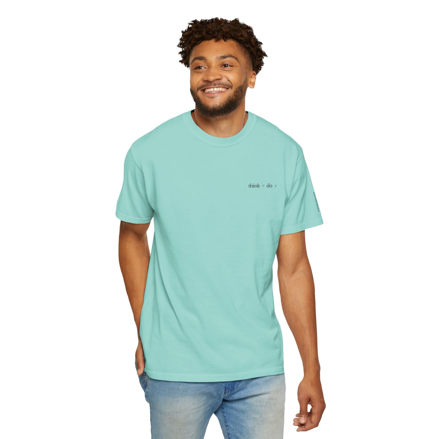 think < do > Embroidered Unisex T-Shirt | Espresso Thread with Momentum Sleeve Detail | Minimalist Everyday Tee