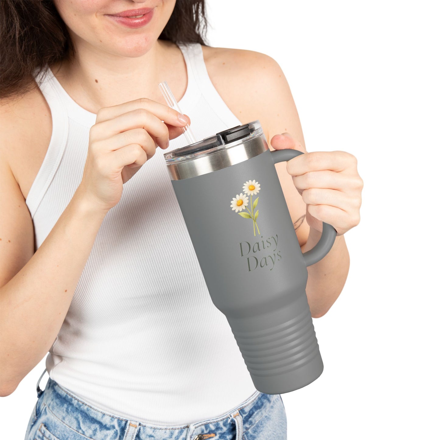 Daisy Days 40 oz Insulated Travel Mug | Floral Tumbler with Handle | Simple Daisy Drinkware