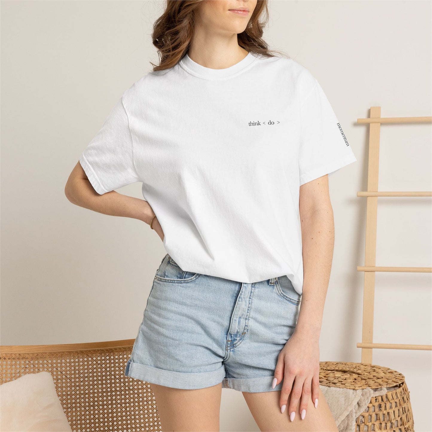 think < do > Embroidered Unisex T-Shirt | Espresso Thread with Momentum Sleeve Detail | Minimalist Everyday Tee