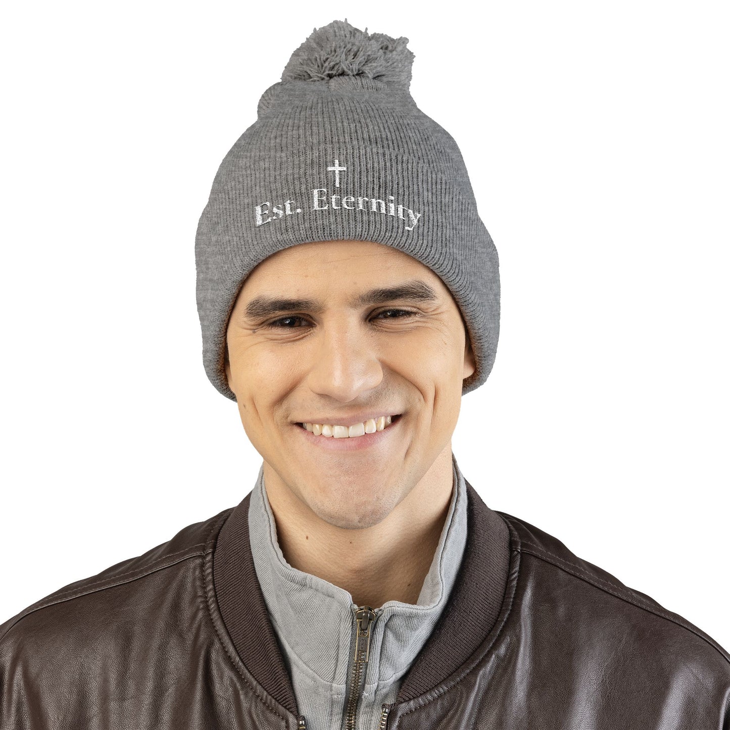Embroidered 'Eve, Eternity' Pom-Pom Knit Cap — Cozy Christian Beanie