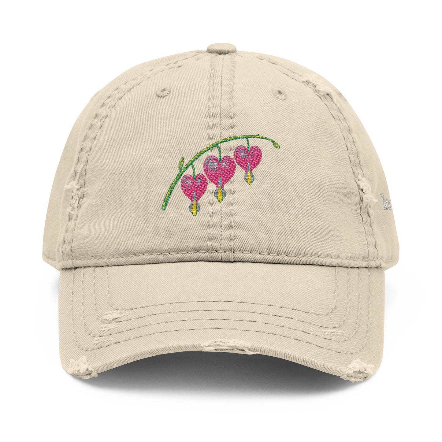 Embroidered Distressed Dad Hat — Bleeding Heart Floral with “Mom” Back