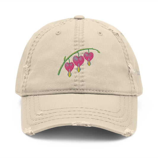 Embroidered Distressed Dad Hat — Bleeding Heart Floral with “Mom” Back