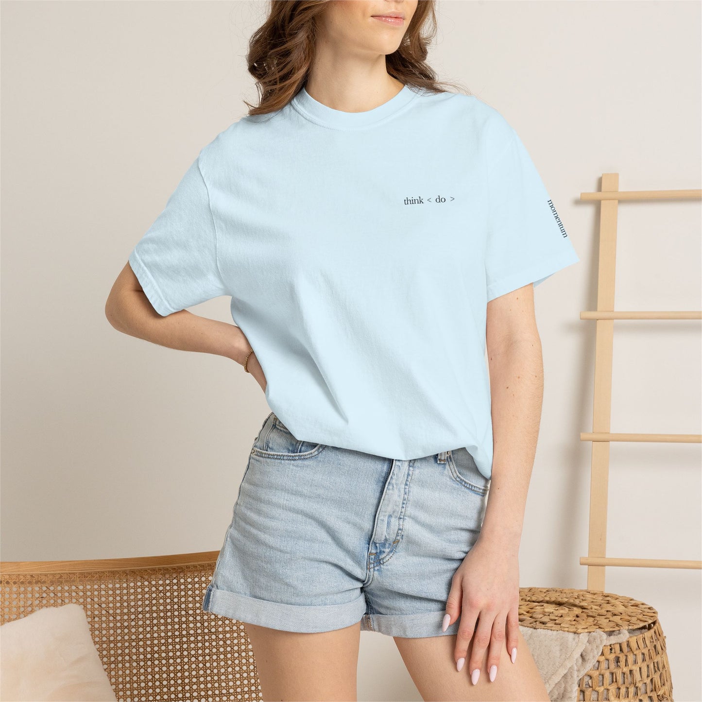 think < do > Embroidered Unisex T-Shirt | Espresso Thread with Momentum Sleeve Detail | Minimalist Everyday Tee