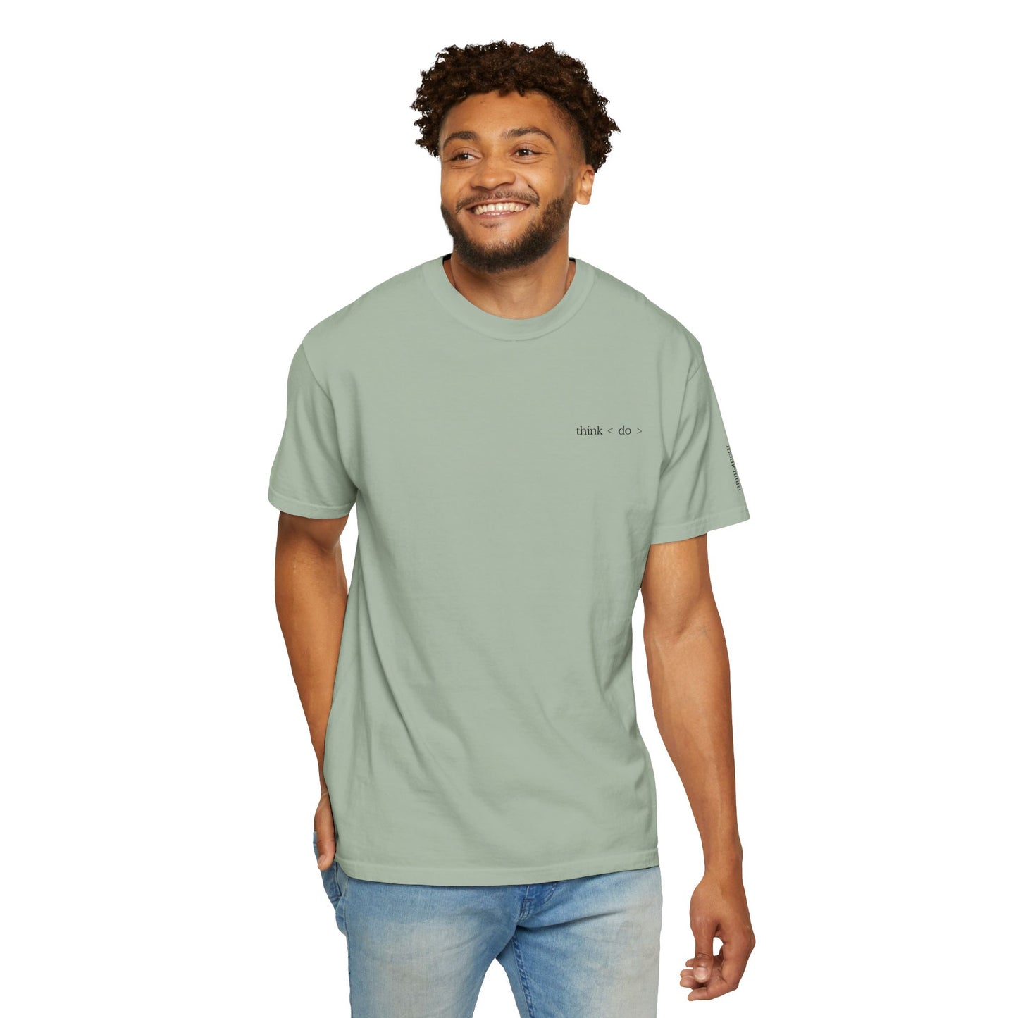 think < do > Embroidered Unisex T-Shirt | Espresso Thread with Momentum Sleeve Detail | Minimalist Everyday Tee