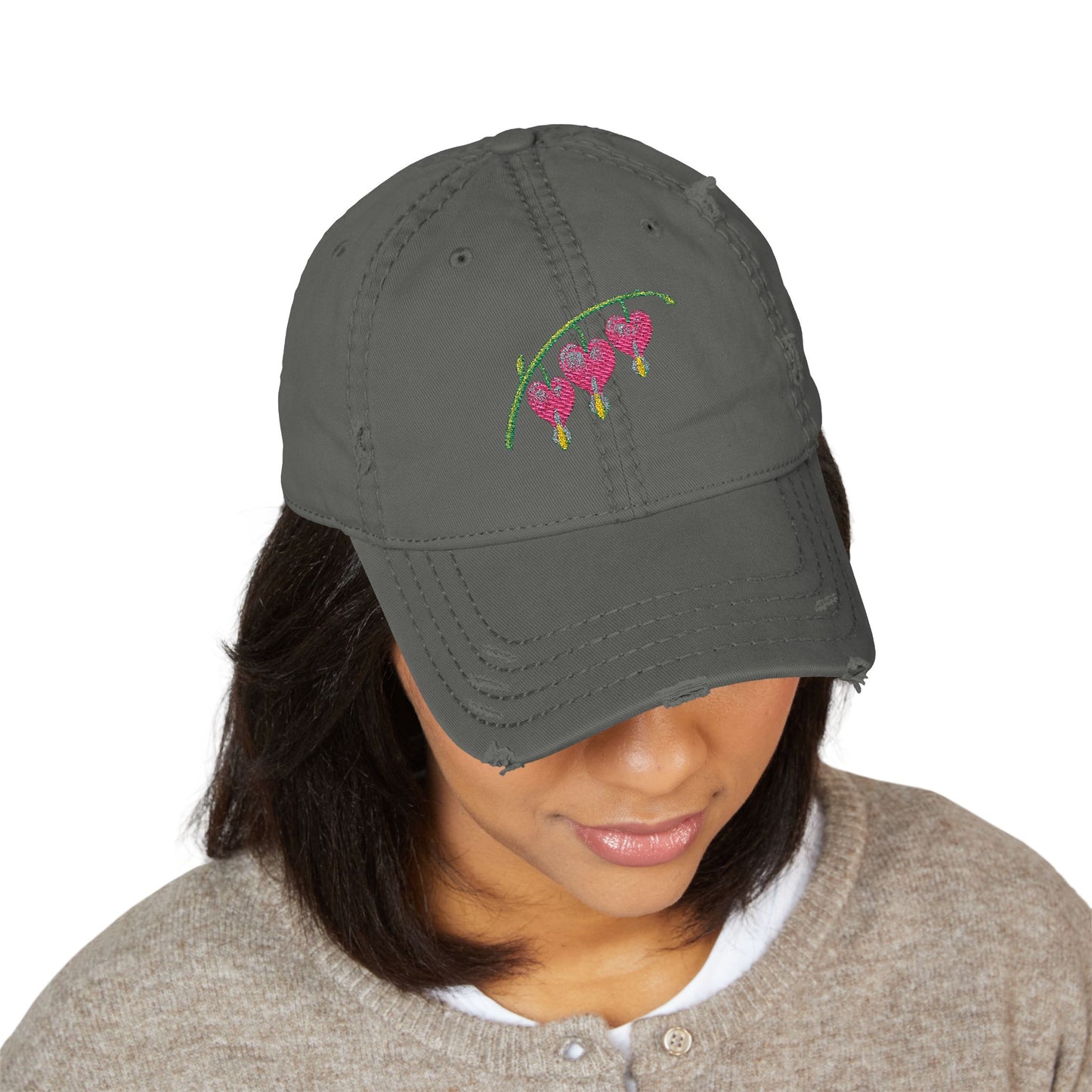 Embroidered Distressed Dad Hat — Bleeding Heart Floral with “Mom” Back