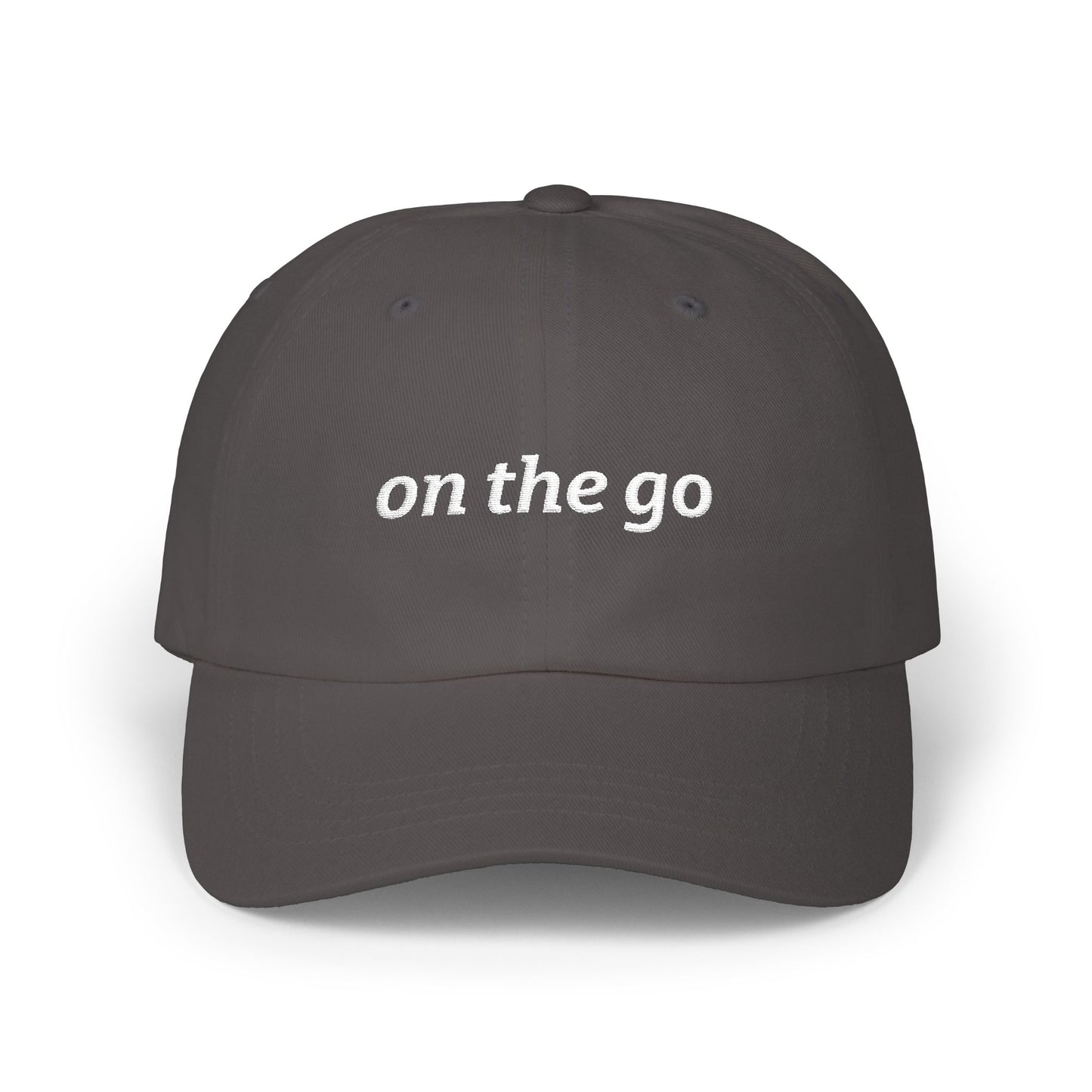 on the go embroidered classic dad cap - small arrows on back, white thread