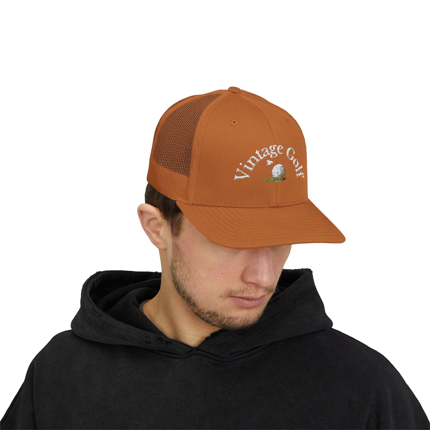 Vintage Golf Trucker Cap – Embroidered Golf Ball Flag Hat – Heritage Style Golf Hat