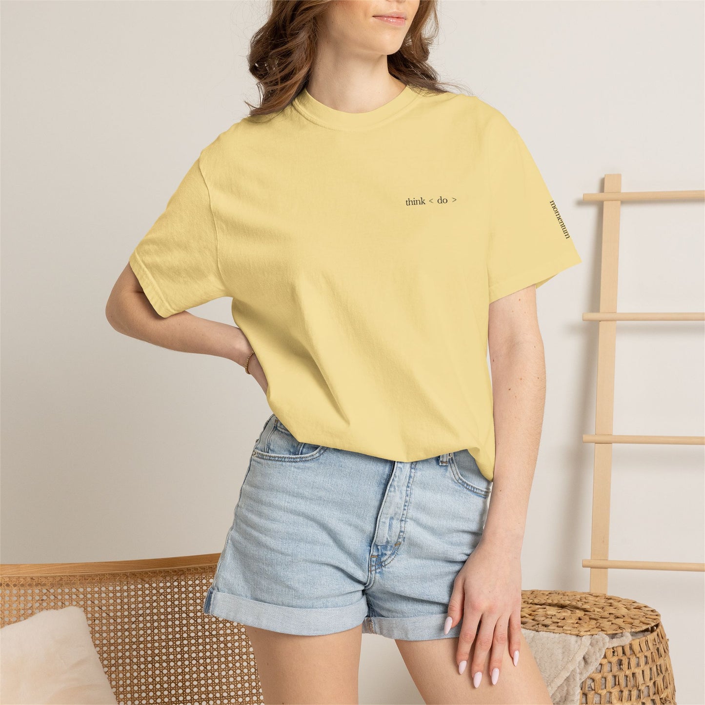 think < do > Embroidered Unisex T-Shirt | Espresso Thread with Momentum Sleeve Detail | Minimalist Everyday Tee