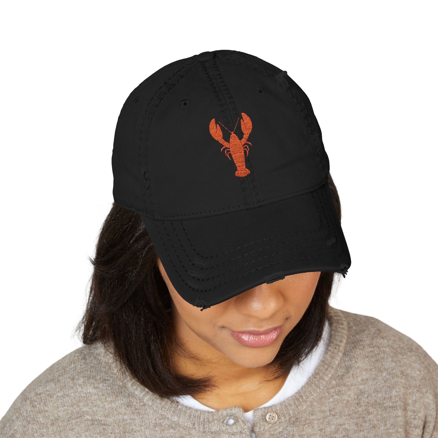 Distressed Embroidered Lobster Dad Hat — Vintage Washed Baseball Cap