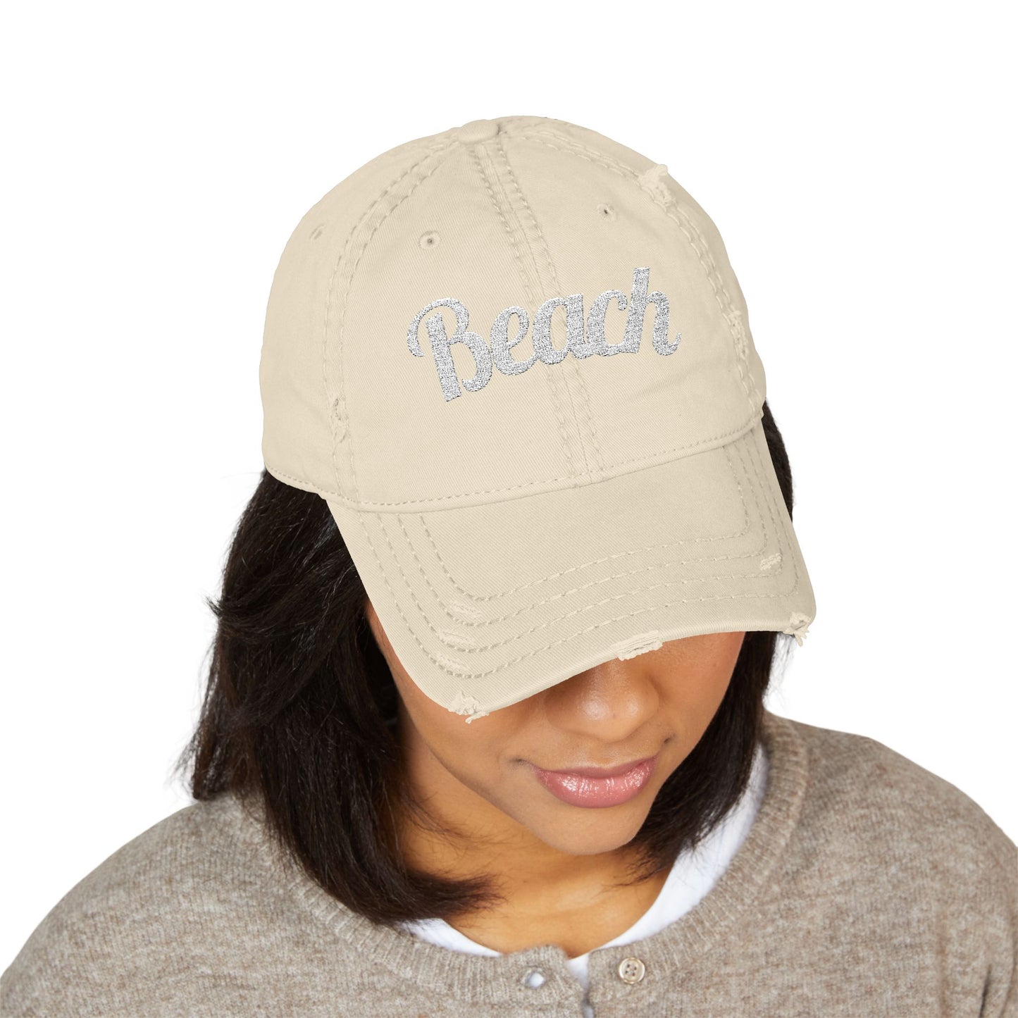 Beach Embroidered Distressed Dad Hat — Vintage Washed Baseball Cap