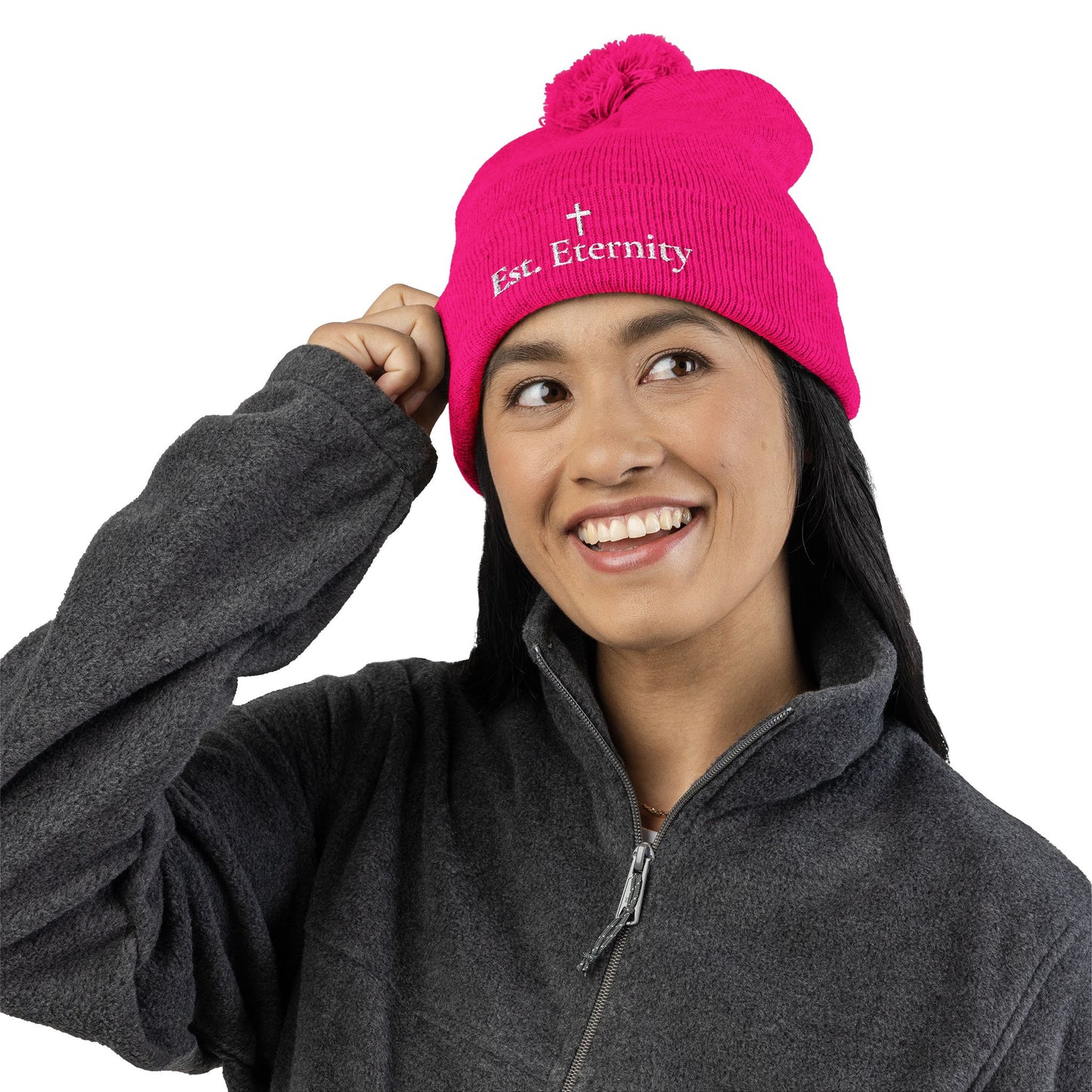 Embroidered 'Eve, Eternity' Pom-Pom Knit Cap — Cozy Christian Beanie
