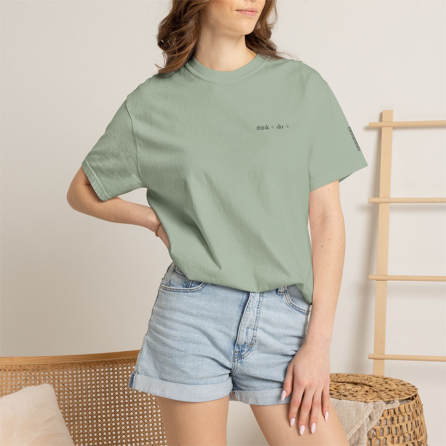 think < do > Embroidered Unisex T-Shirt | Espresso Thread with Momentum Sleeve Detail | Minimalist Everyday Tee